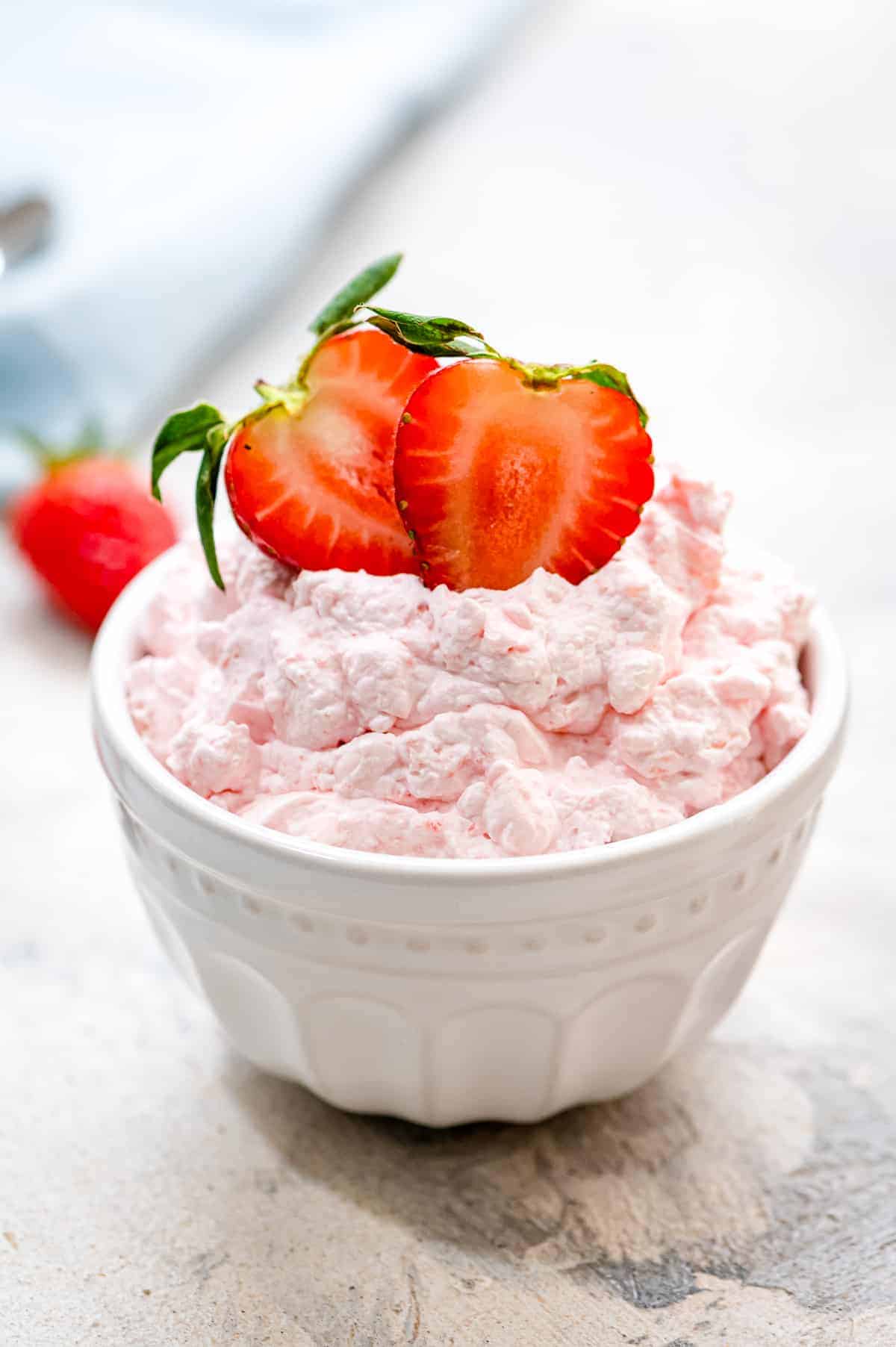 Small white bowl with Cottage Cheese Jello Salad