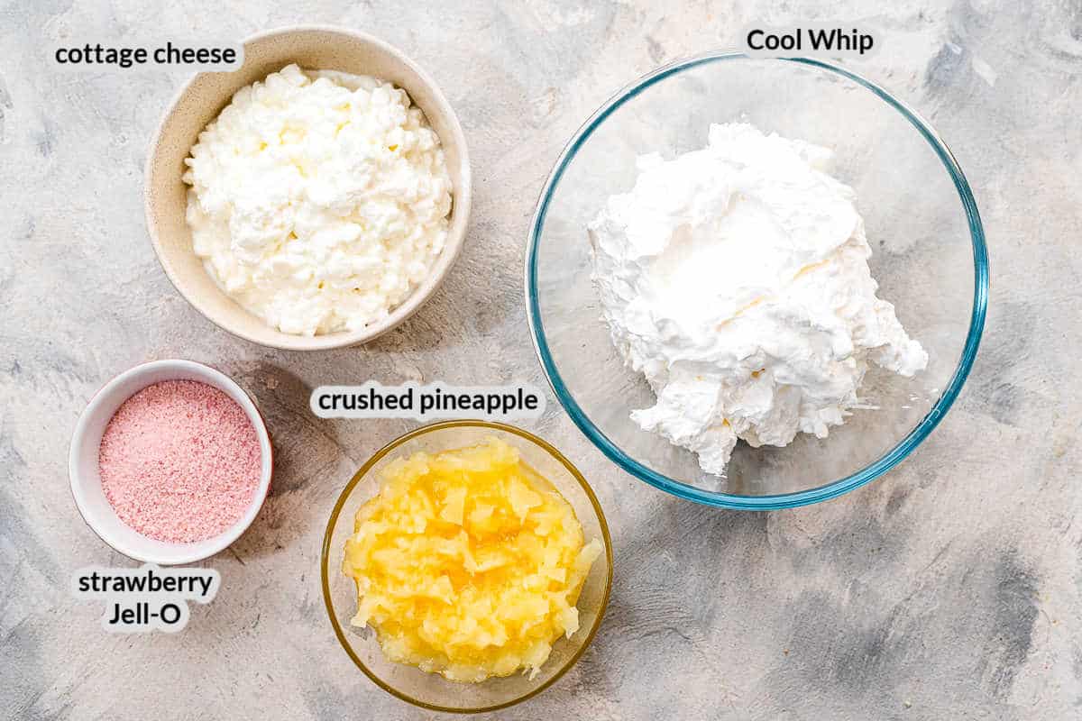 Overhead image of Cottage Cheese Jello Salad Ingredients in bowls
