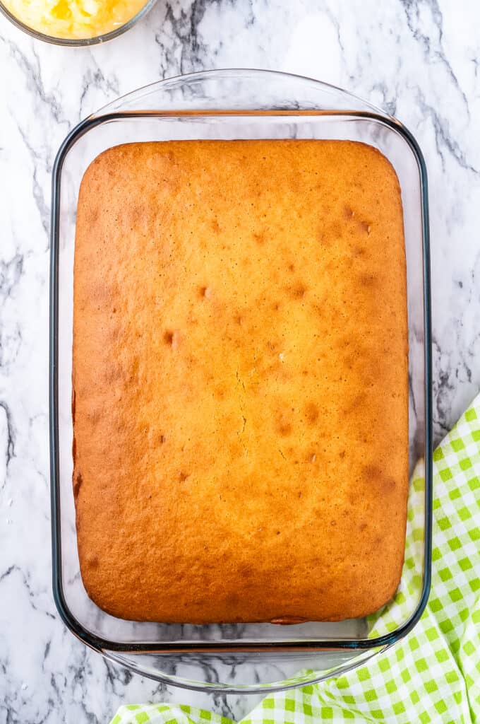 Overhead image of cake in glass baking pan