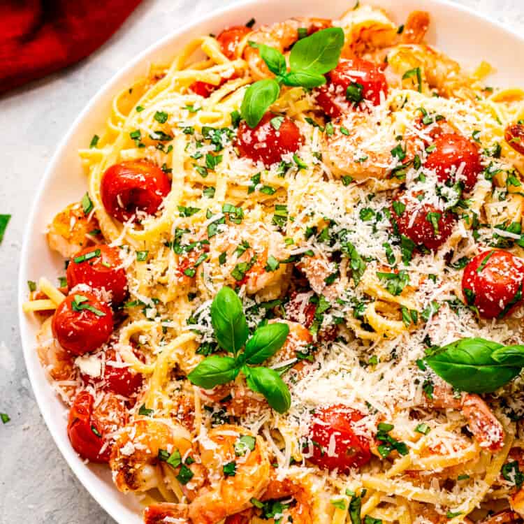 Shrimp Pasta in a white bowl