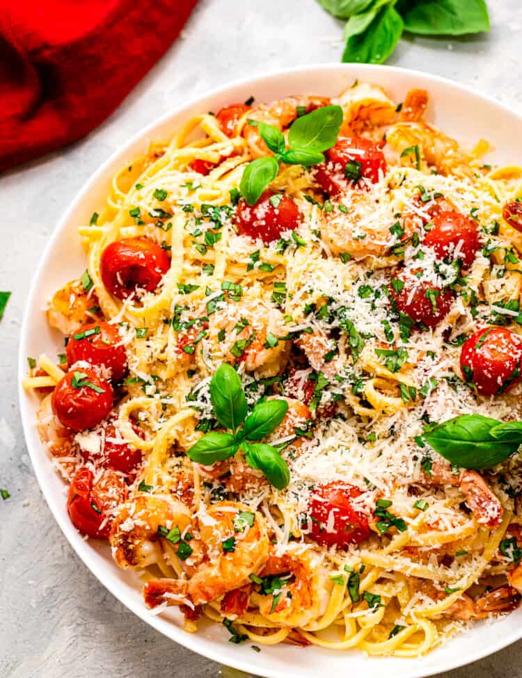 Shrimp Pasta in a white bowl