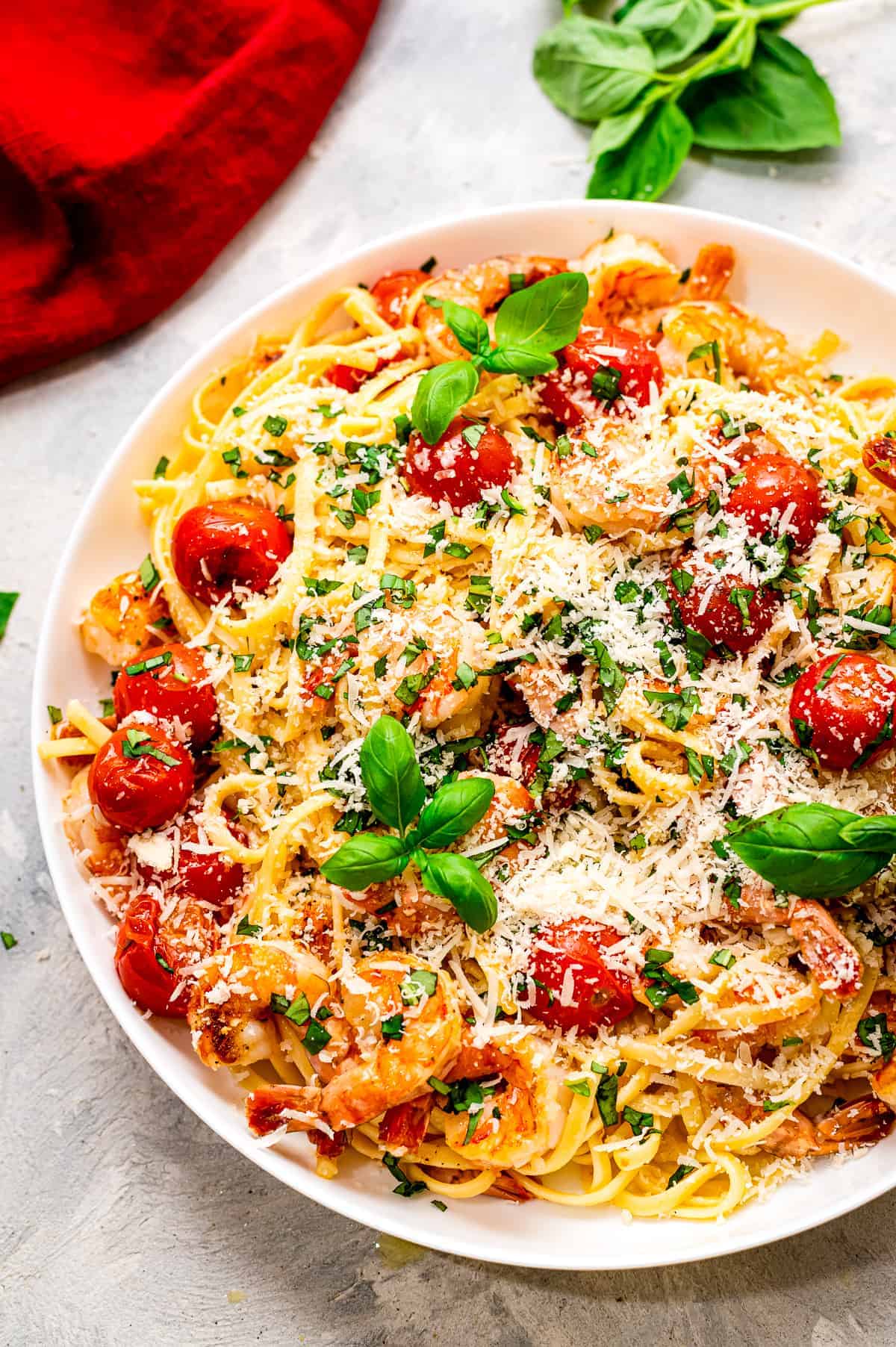 Shrimp Pasta in a white bowl