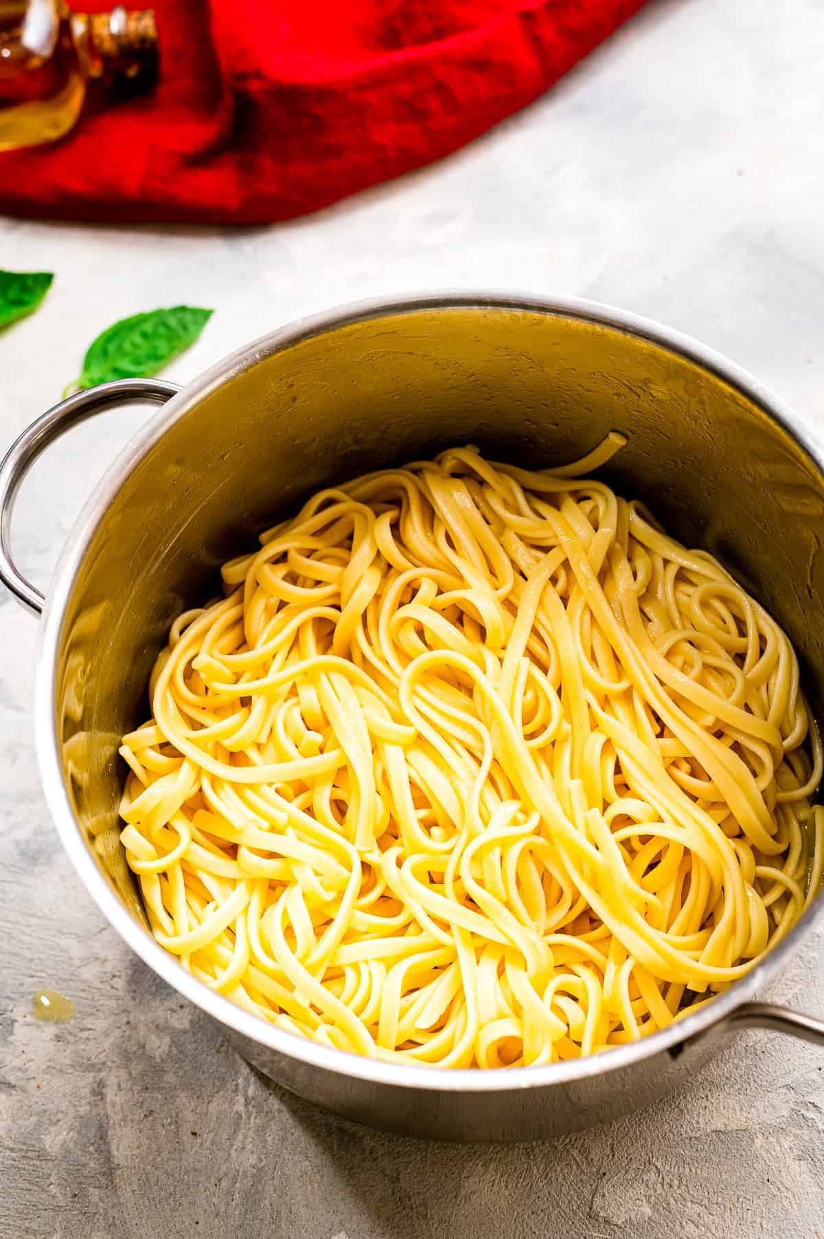 Saucepan with prepared linguine noodles