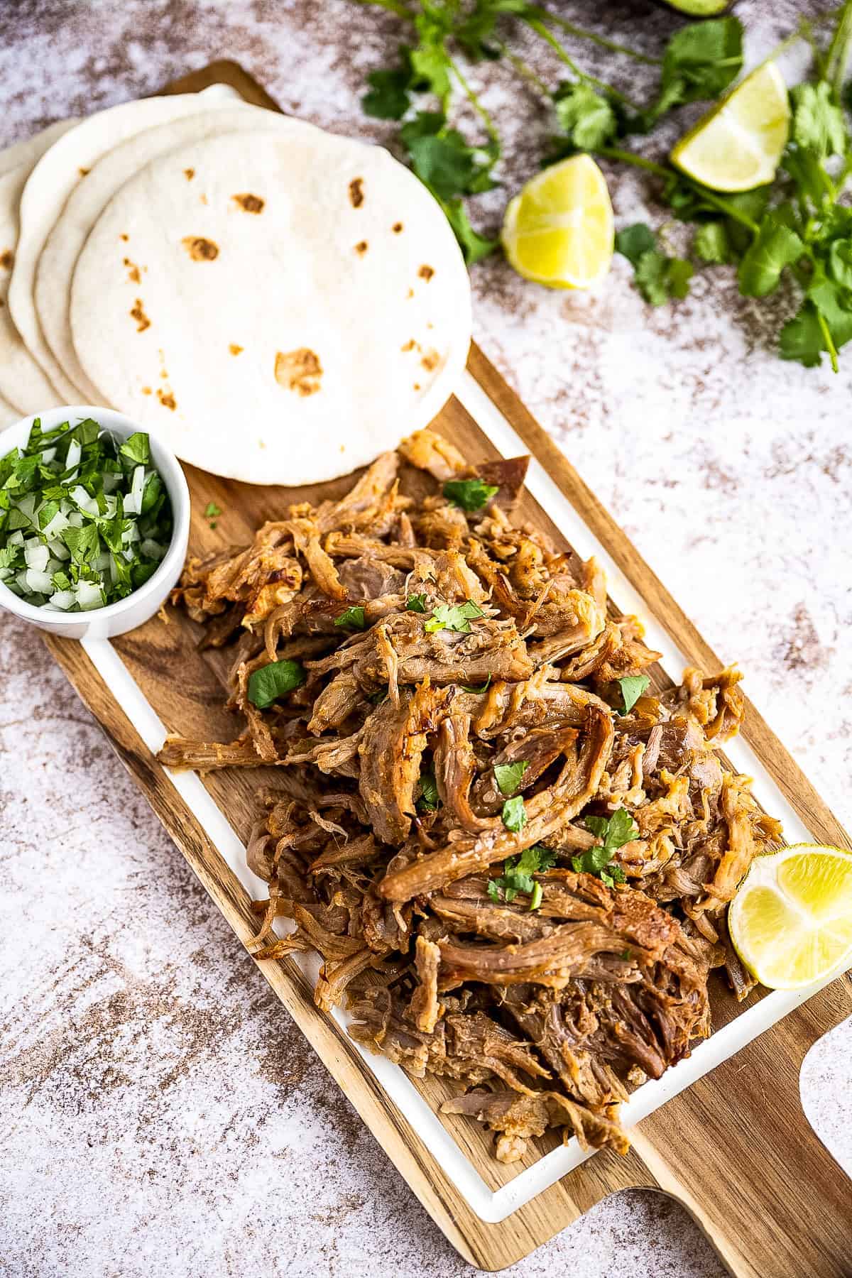 Overhead image of carnita meat on platter with tortillas