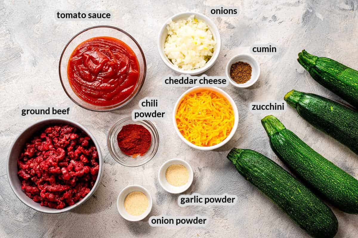 Overhead image of Taco Stuffed Zucchini Boats Ingredients