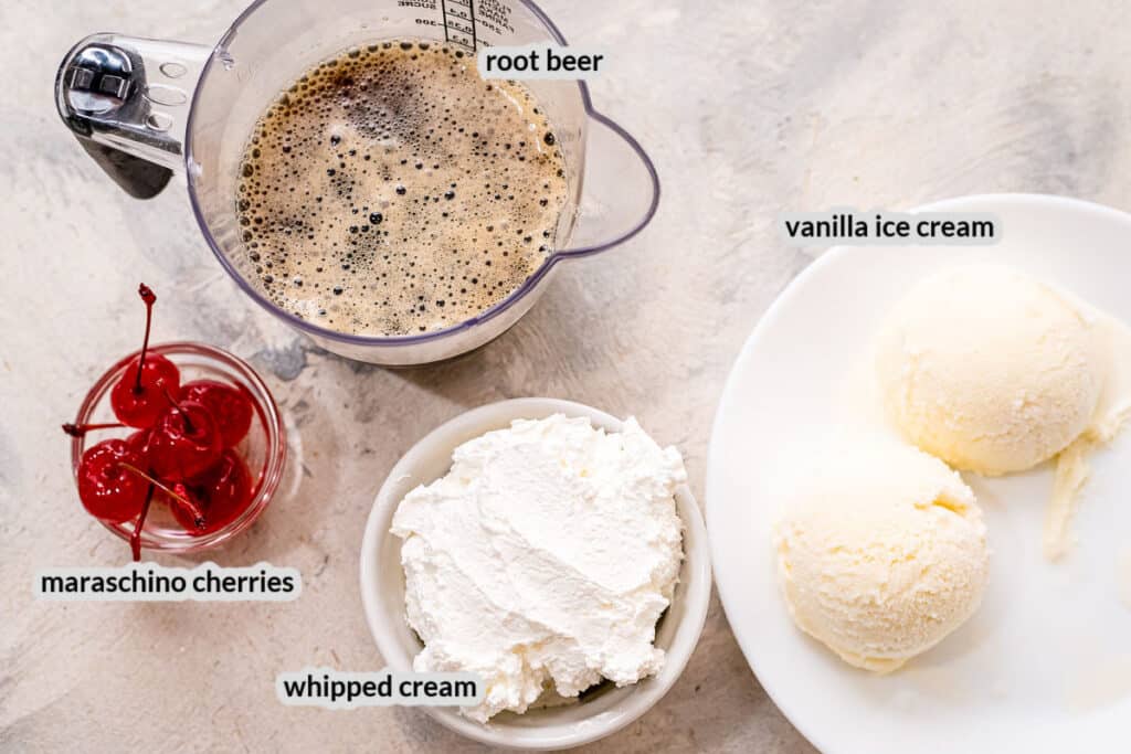 Overhead image of root beer float Ingredients in bowls