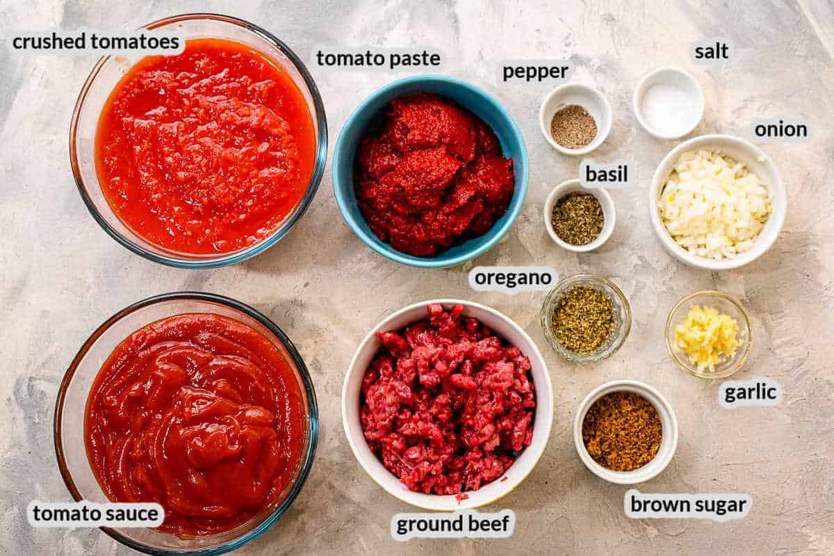 Overhead image of Crock Pot Spaghetti Sauce Ingredients