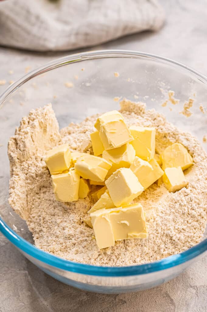 Glass bowl with cubed butter for streusel topping