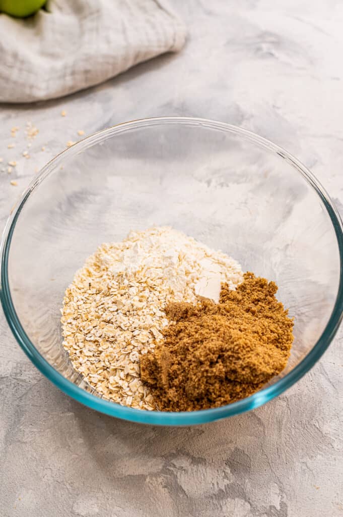 Glass bowl with ingredients for streusel