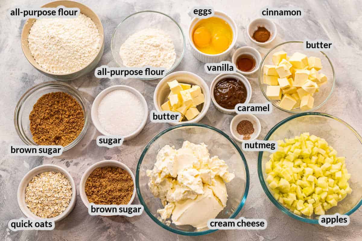 Overhead Apple Cheesecake Bars Ingredients in a bowl