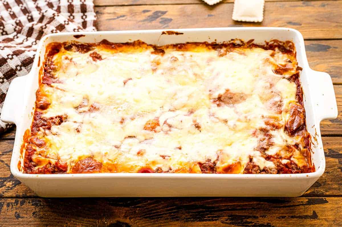 Pan of baked ravioli casserole