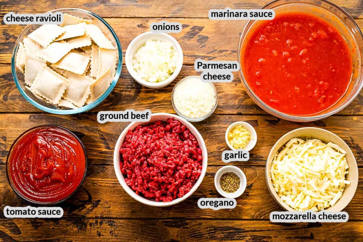 Overhead image of Baked Ravioli Ingredients in dishes