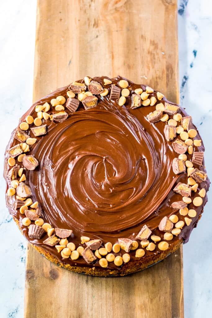 Overhead image of peanut butter and chocolate cheesecake