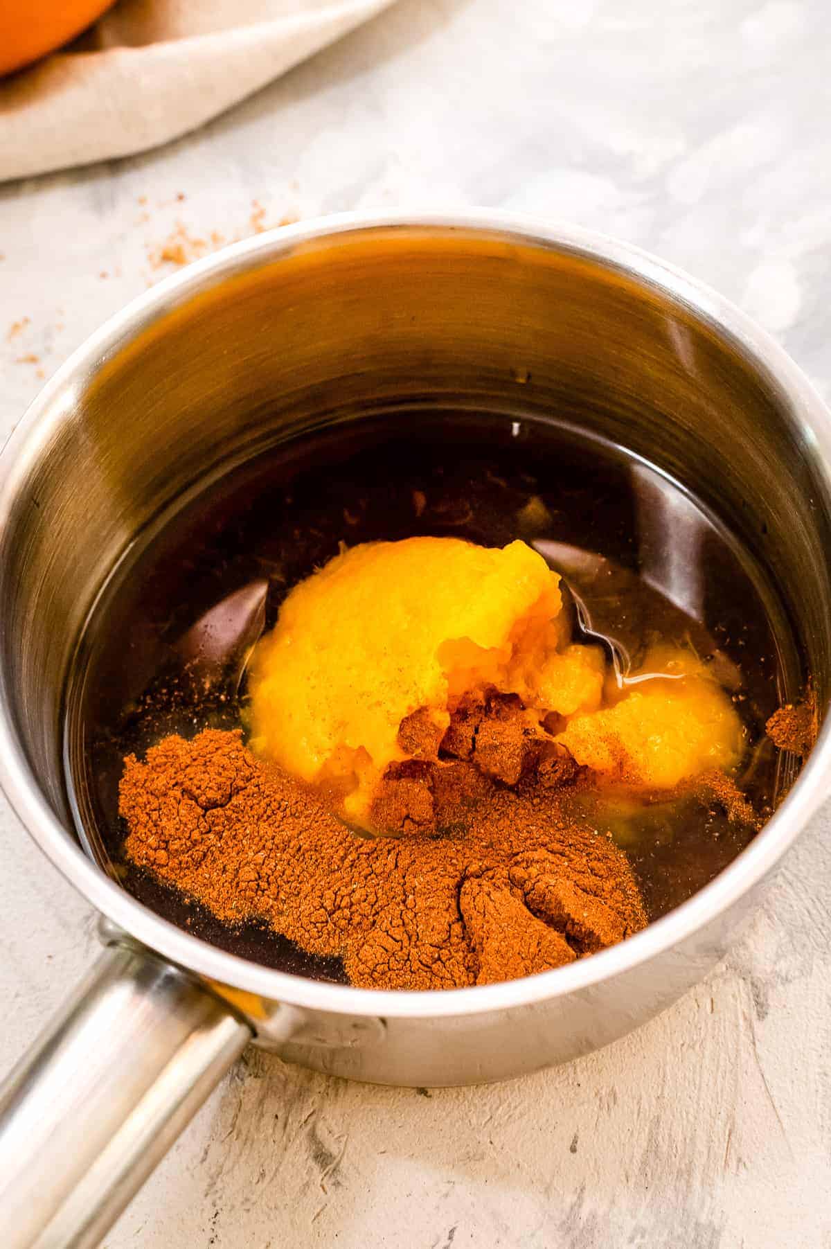 Pumpkin Coffee Syrup ingredients in saucepan before mixing