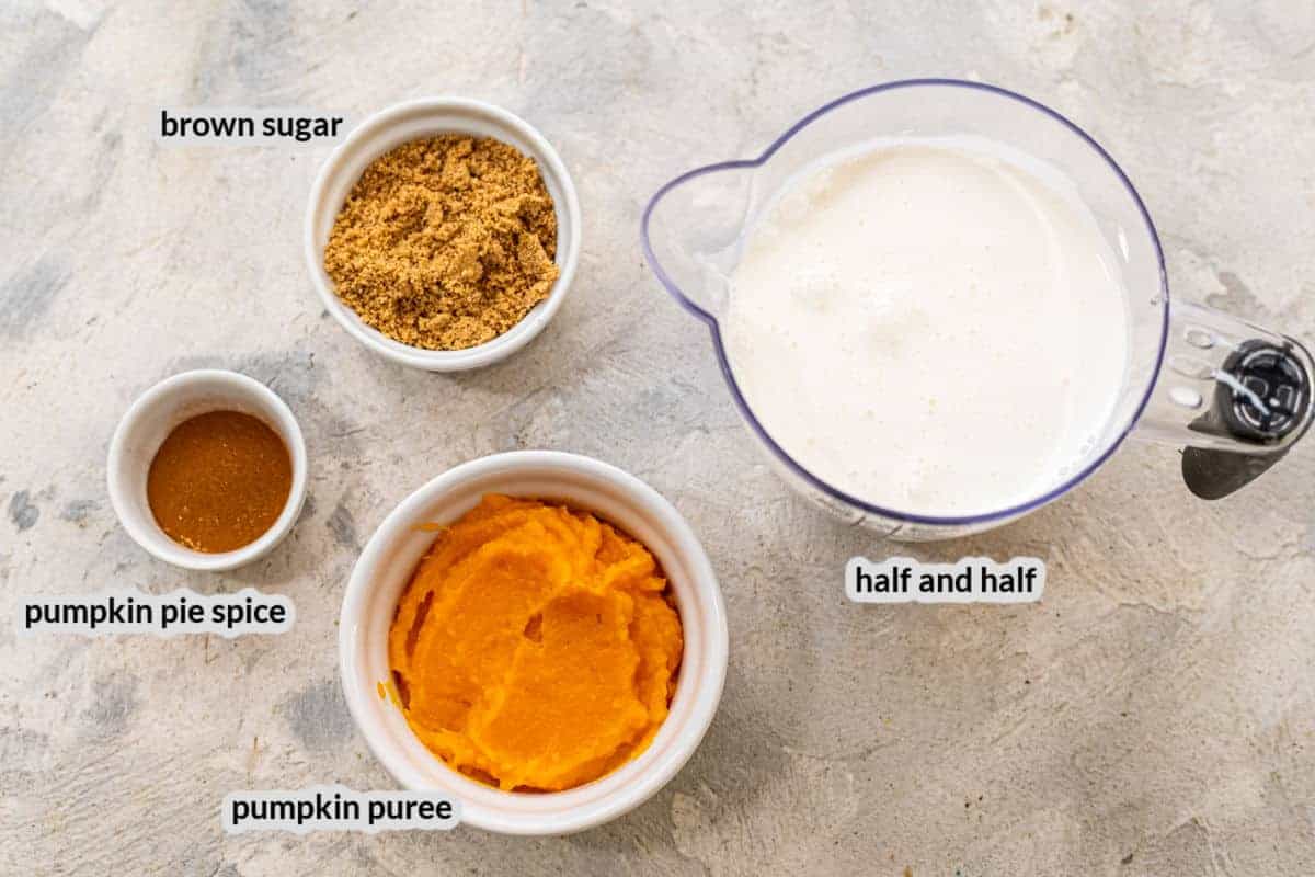 Overhead image of Pumpkin Spice Coffee Creamer Ingredients in bowls