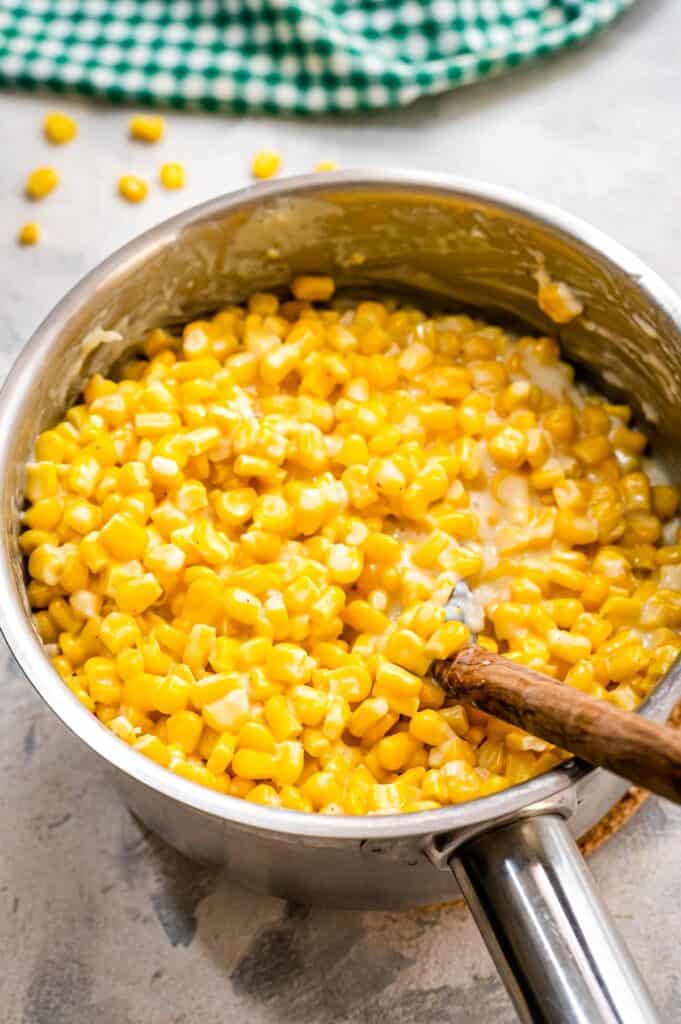 Saucepan with creamed corn it