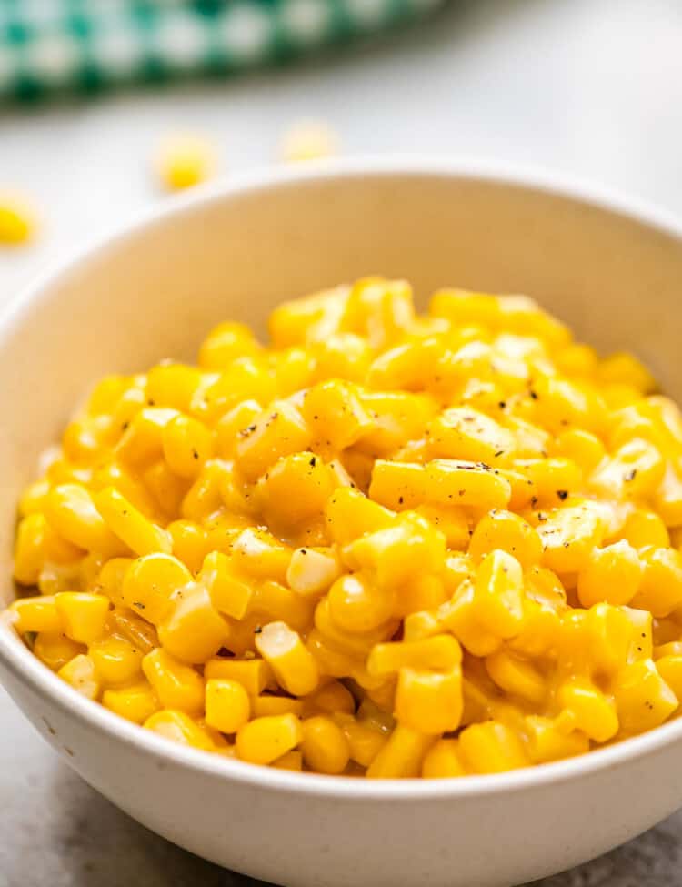 White bowl with homemade creamed corn