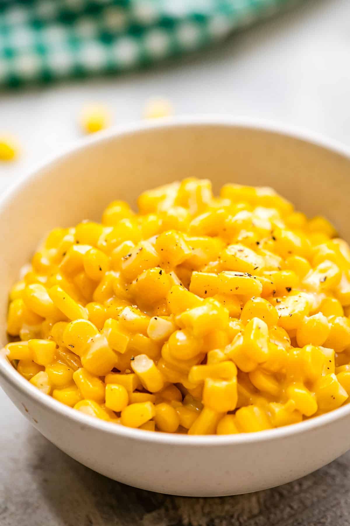 White bowl with homemade creamed corn