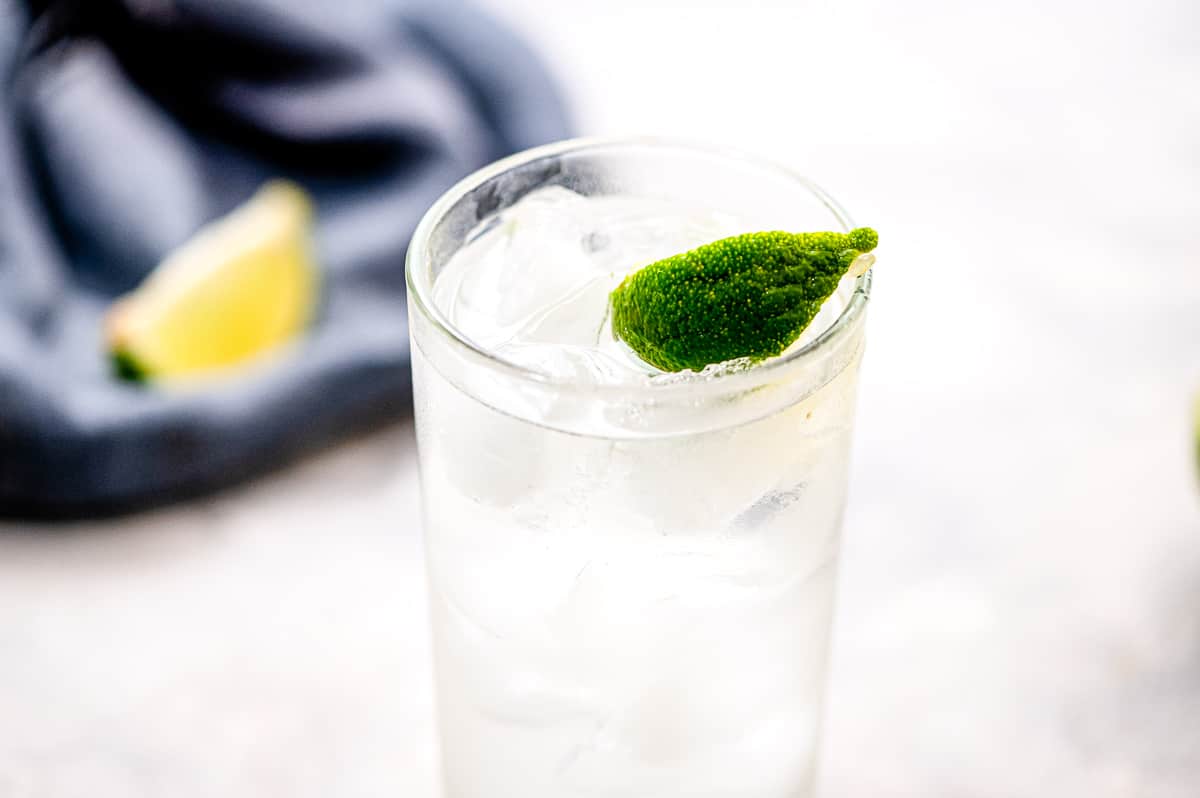 Highball glass with gin and tonic garnished with lime wedge