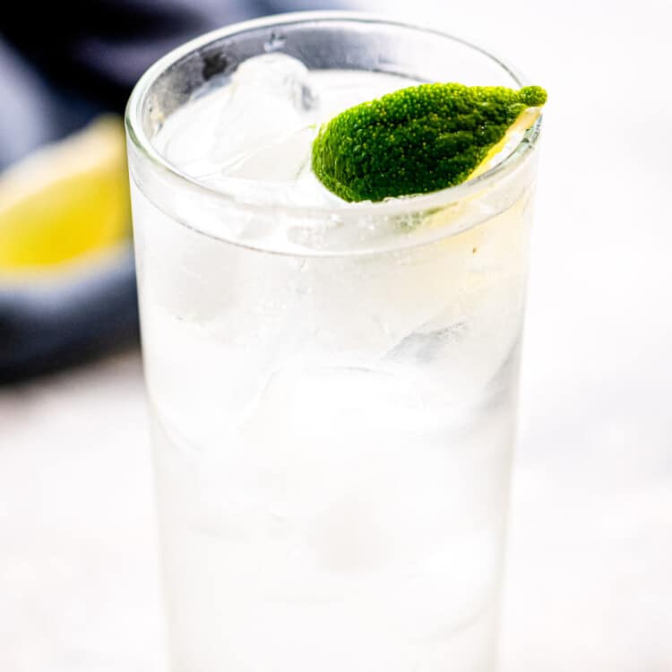 Close up of gin and tonic cocktail with lime wedge