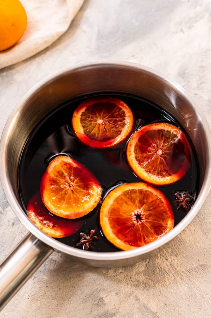 Saucepan with ingredients for mulled wine