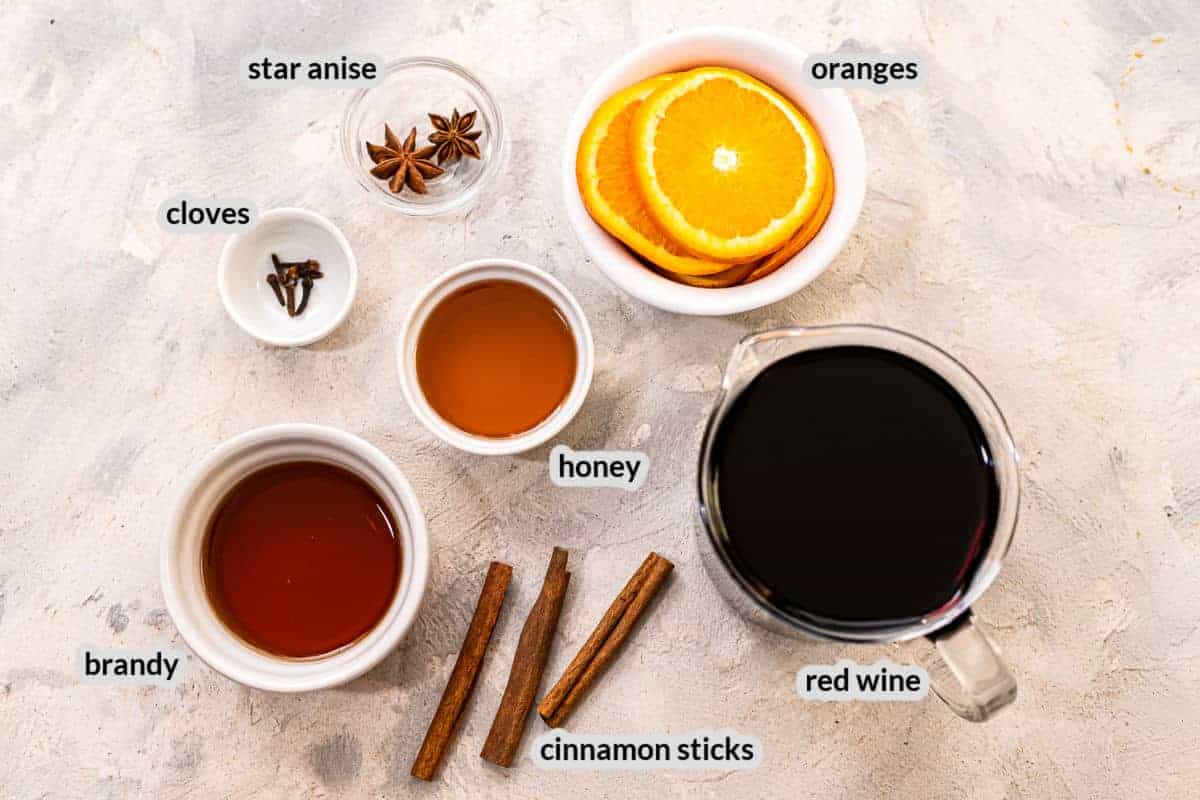 Overhead image of Mulled Wine Ingredients in bowls