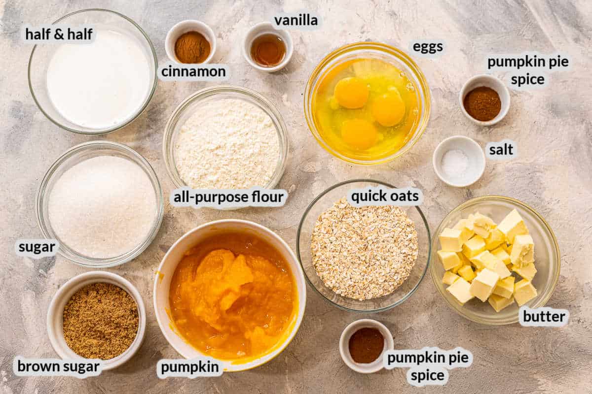 Overhead image of Pumpkin Crisp Ingredients in bowls