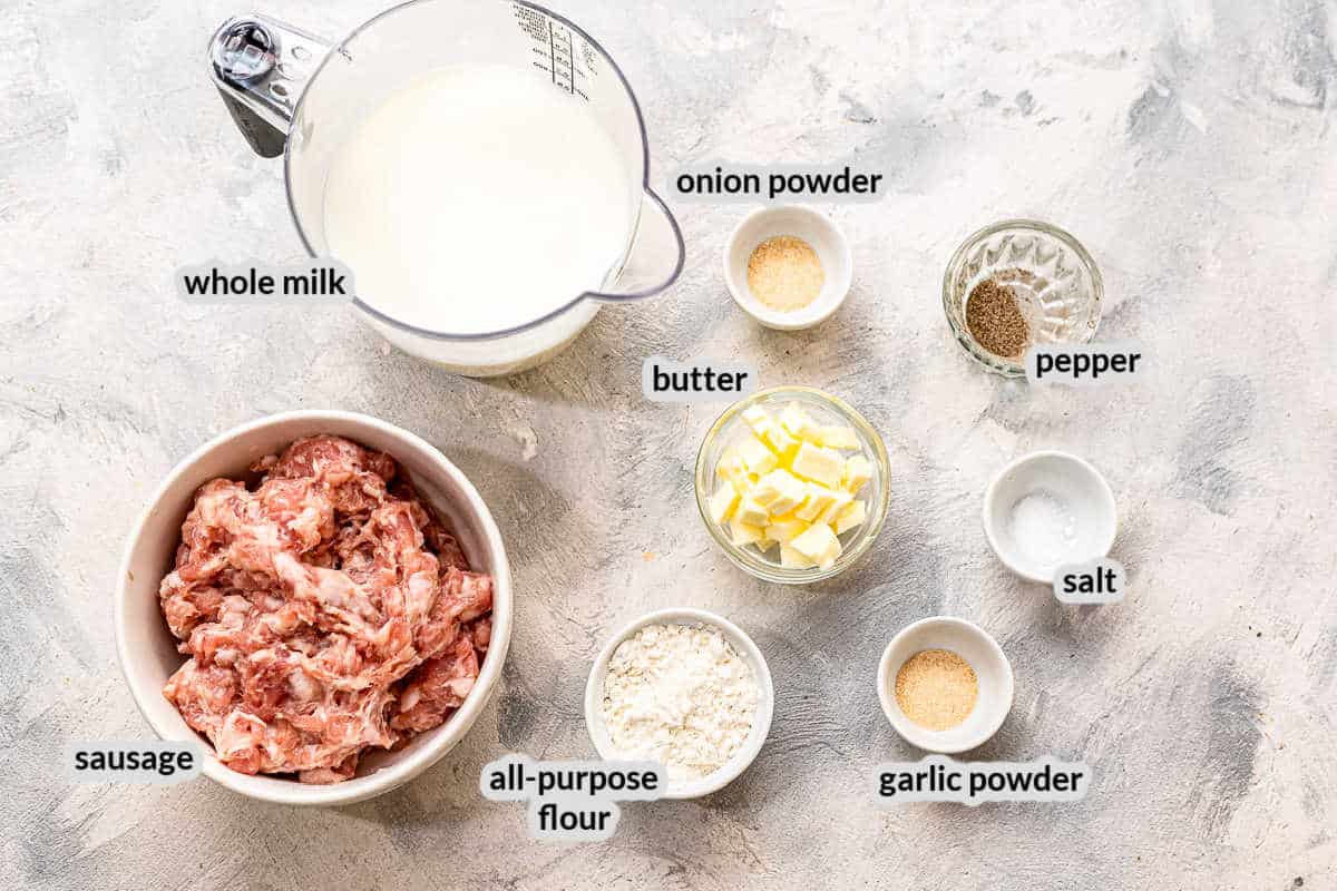 Overhead image of Sausage Gravy Ingredients