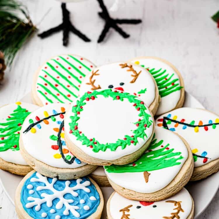 Christmas Sugar Cookies decorated with royal icing on plate