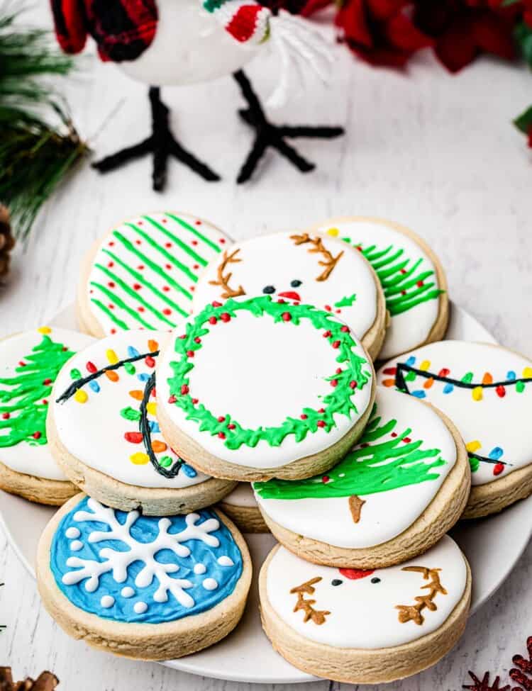 Christmas Sugar Cookies decorated with royal icing on plate