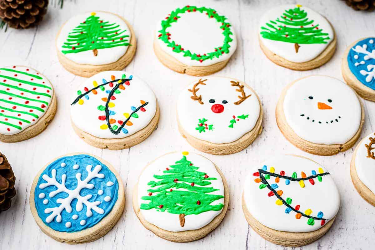 Christmas Sugar Cookies with Royal Icing decorated with royal icing in Christmas Theme