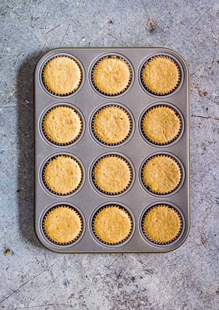 Pan of baked vanilla cupcakes