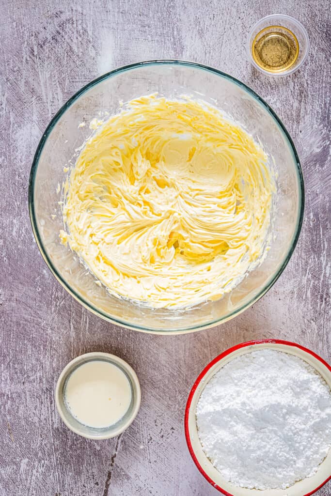 Overhead image of glass bowl of creamed butter