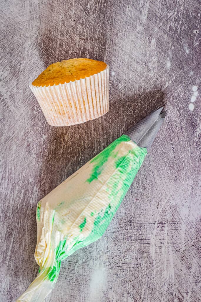 Piping bag with mixed vanilla and green buttercream frosting plus vanilla cupcake