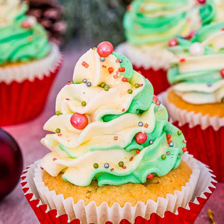 Frosted Christmas Cupcakes in a red liner