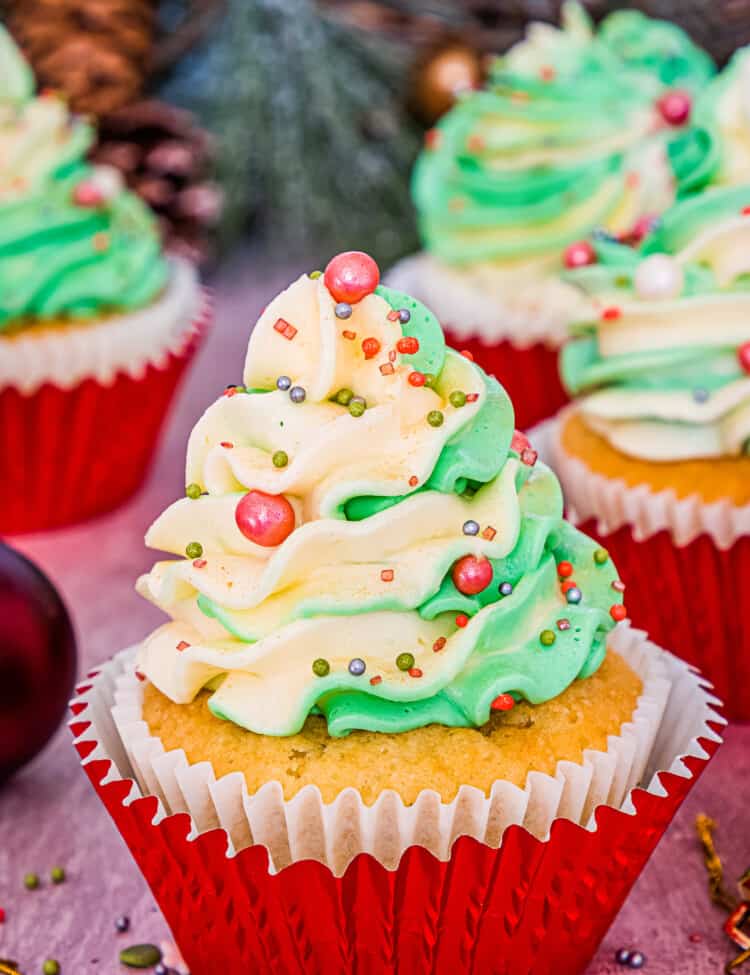 Frosted Christmas Cupcakes in a red liner