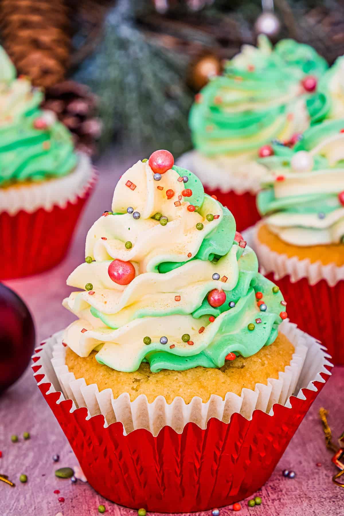 Frosted Christmas Cupcakes in a red liner