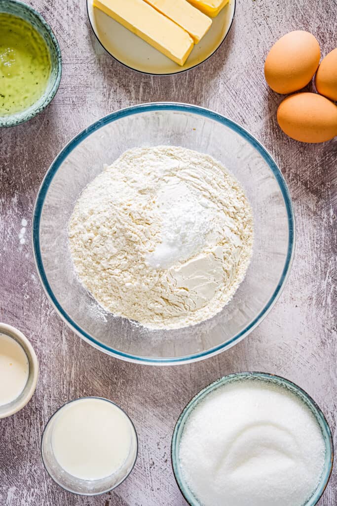 Overhead Image of bowl with dry ingredients for cupcake