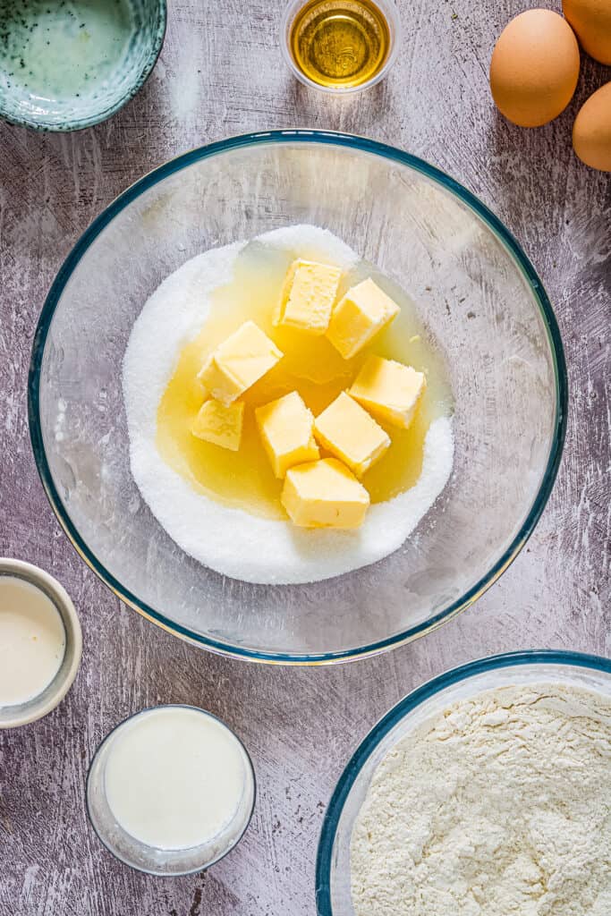 Overhead Image of butter, oil and sugar for cupcakes