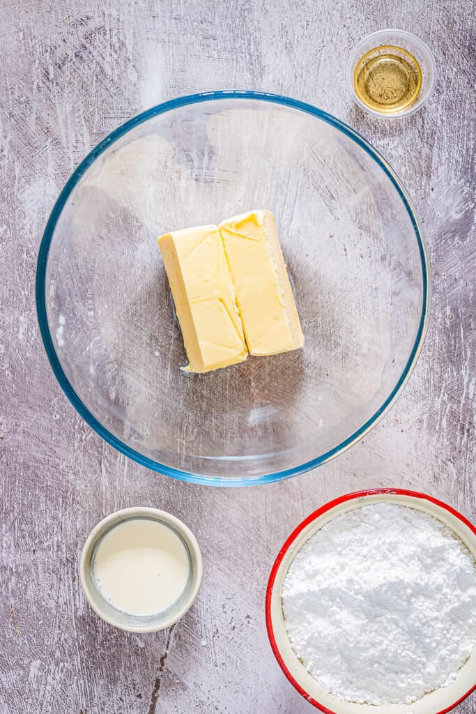 Overhead image of glass bowl with softened butter