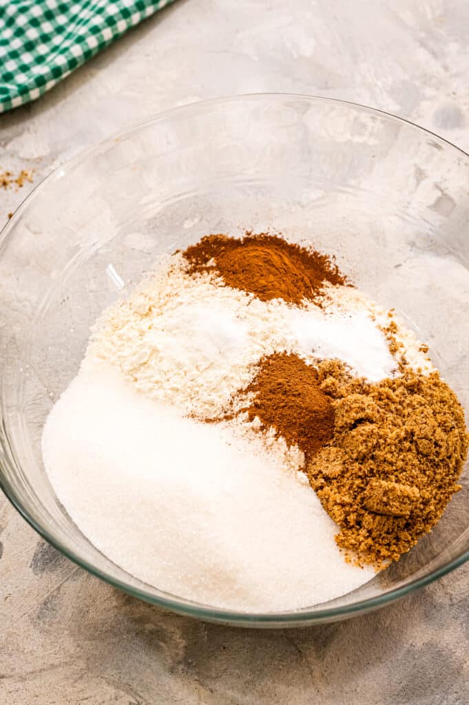 Dry ingredient for pumpkin muffins in glass bowl before mixing