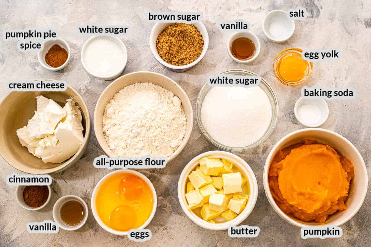 Overhead image of Pumpkin Cream Cheese Muffins Ingredients