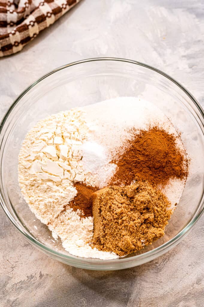 Glass bowl with dry ingredients for muffins before mixing