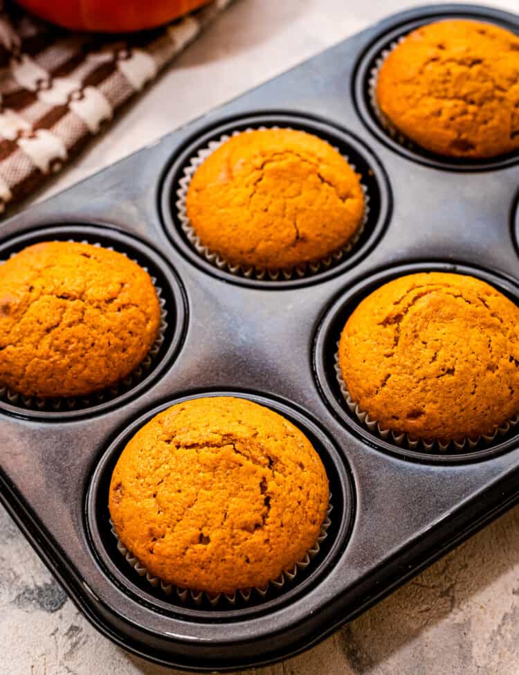 Muffin tin with pumpkin muffins in it