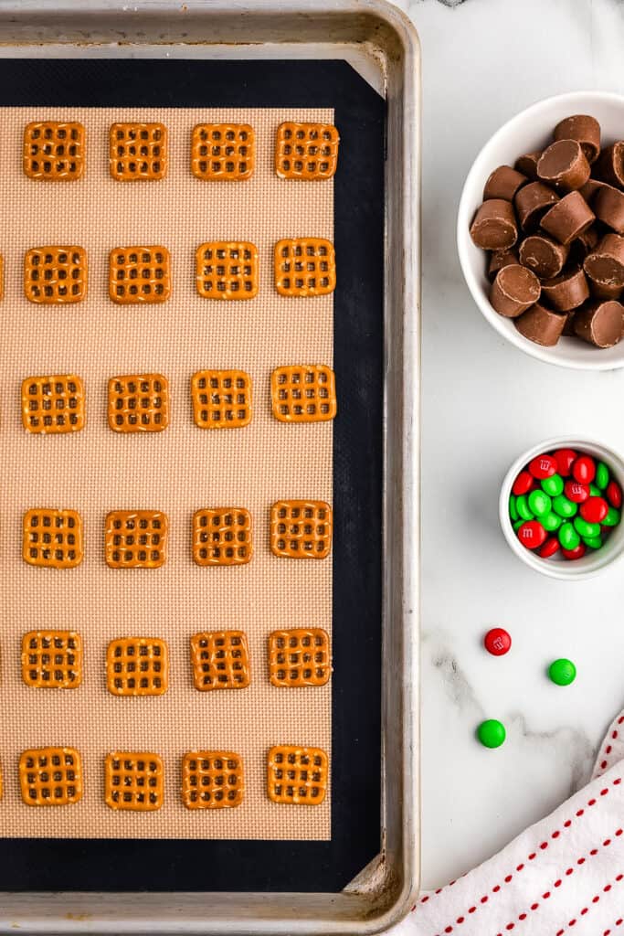 Overhead image of square pretzels on sheet pan