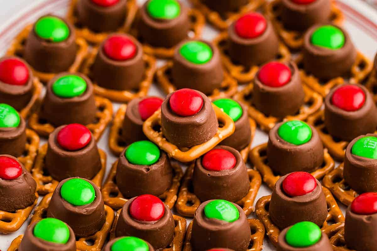 Rolo Pretzels with red and green M&Ms