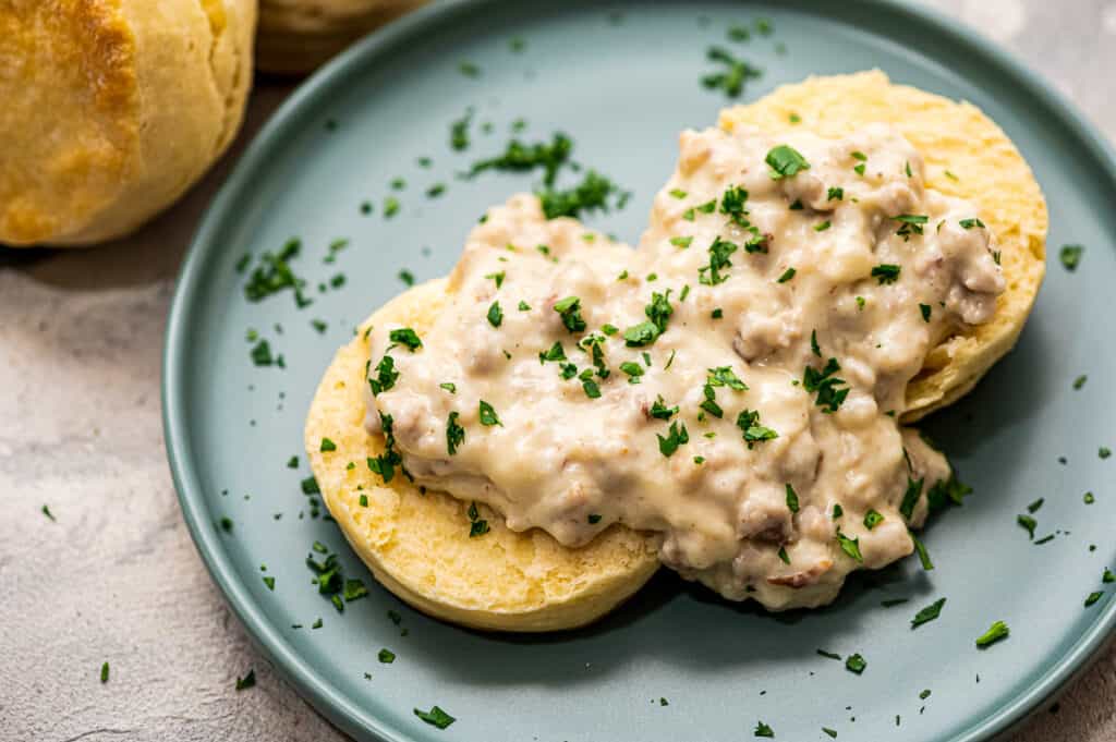 Biscuits and Gravy on a blue plate