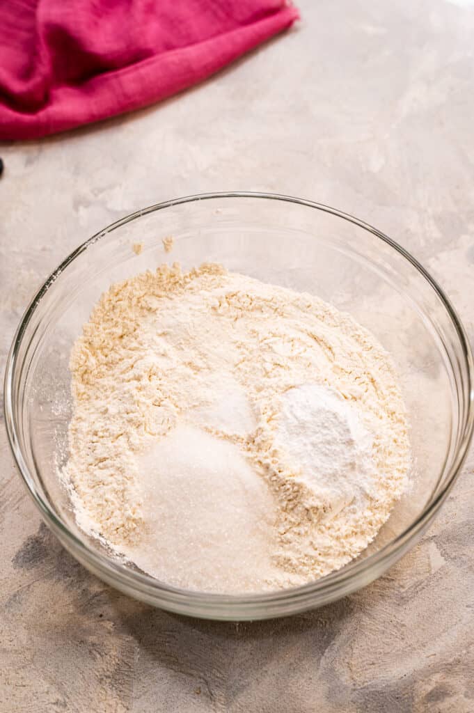 Dry pancake ingredients in glass bowl