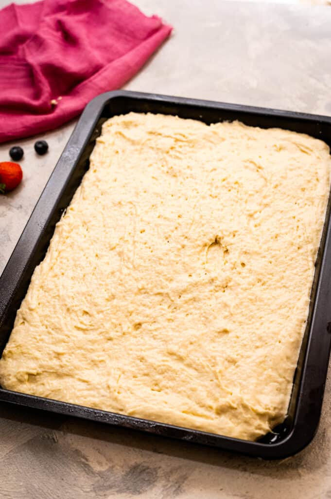 Pancake batter in cake pan unbaked