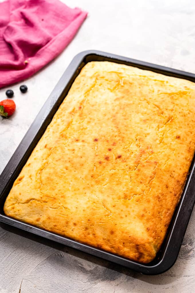 Browned and baked sheet pan pancake